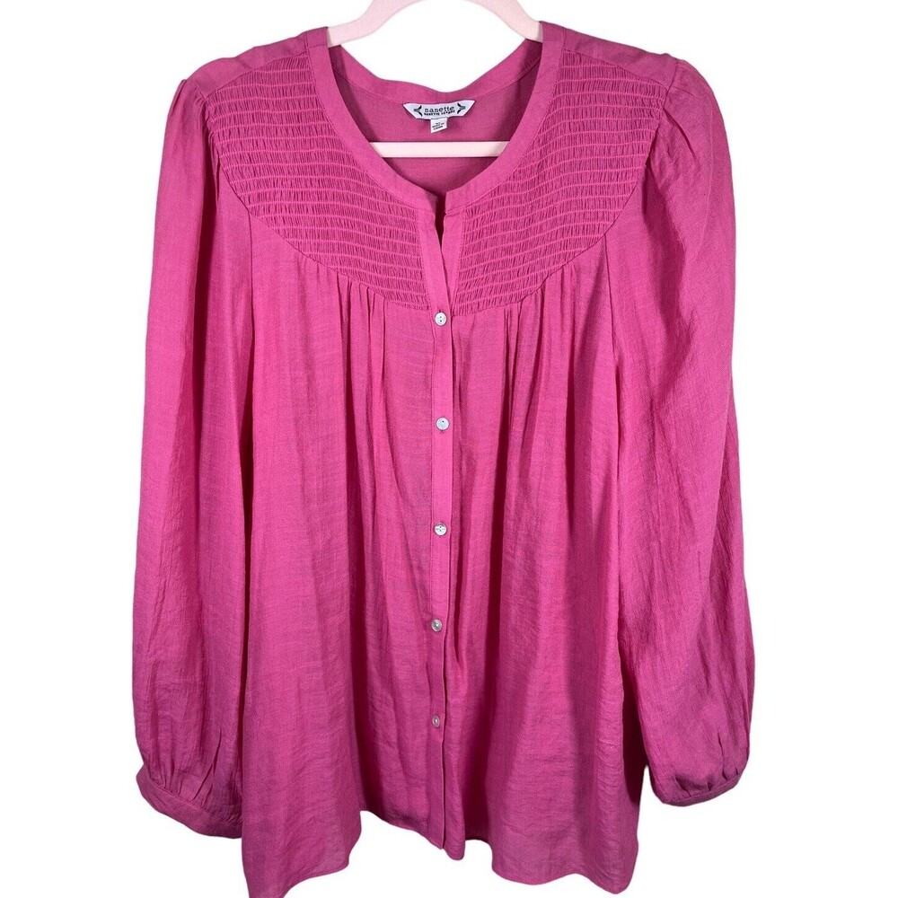 Nanette Lepore Pleated Blouse Womens XL Barbie Pink Long Sleeve Smocked V-neck